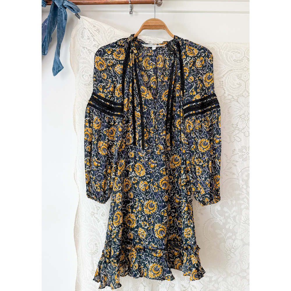 Veronica Beard Ida Floral Silk Yellow Blue Black Mini Dress